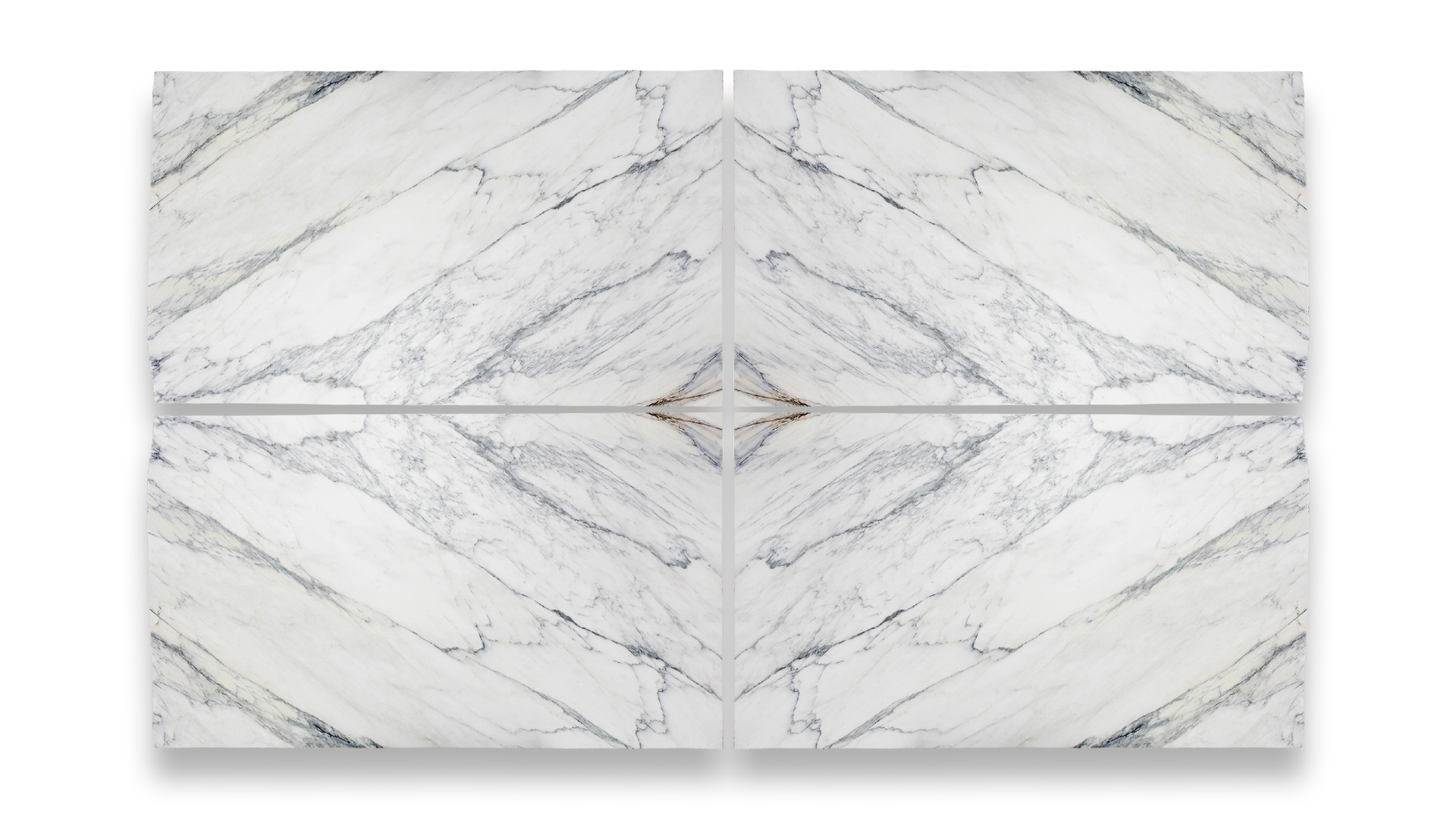 This image displays a symmetrical marble pattern in a quad layout, featuring white and light grey tones with fine, intricate veining.