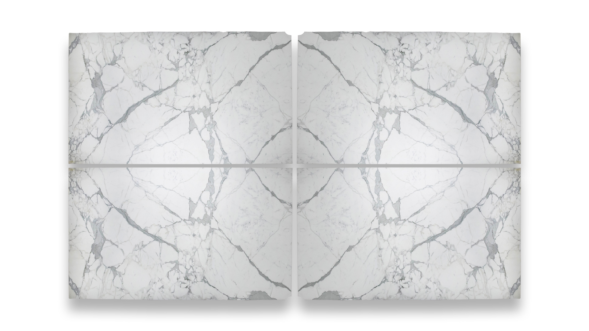 This image displays a symmetrical marble pattern in a quad layout, featuring white and light grey tones with bold, intricate veining.