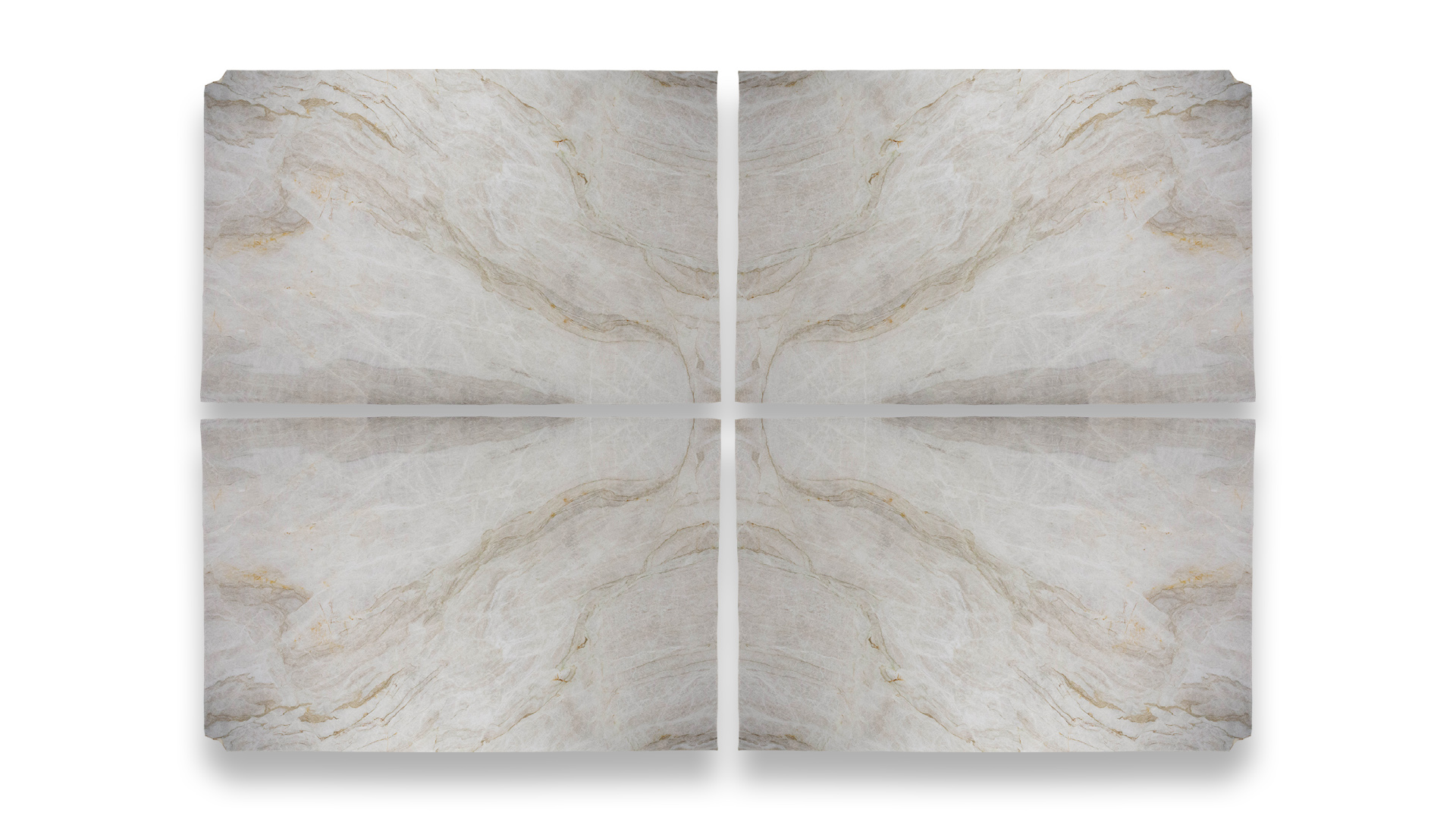 This image shows four Taj Mahal polished quartzite slabs in a quad layout, featuring a beige background with subtle brown and white veining.