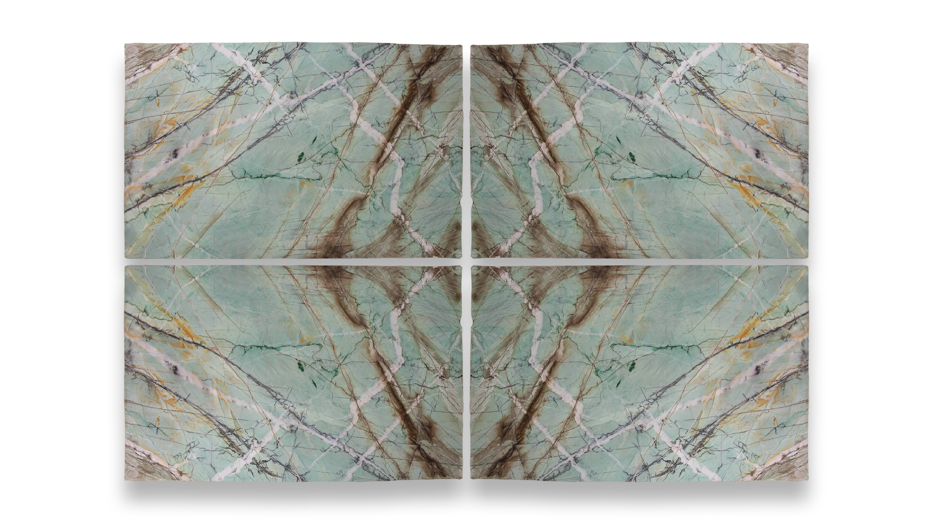 This image shows four Tiffany green quartzite slabs in a quad layout, featuring a green background with intricate brown and white veining.