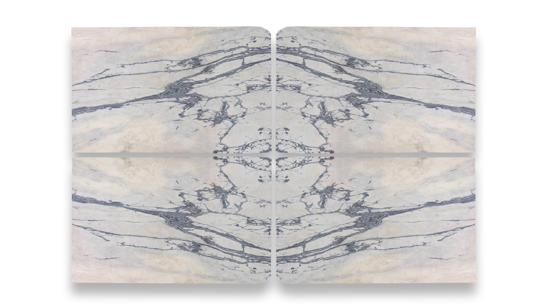 This image displays a symmetrical marble pattern in a quad layout, featuring light beige and grey tones with intricate veining.