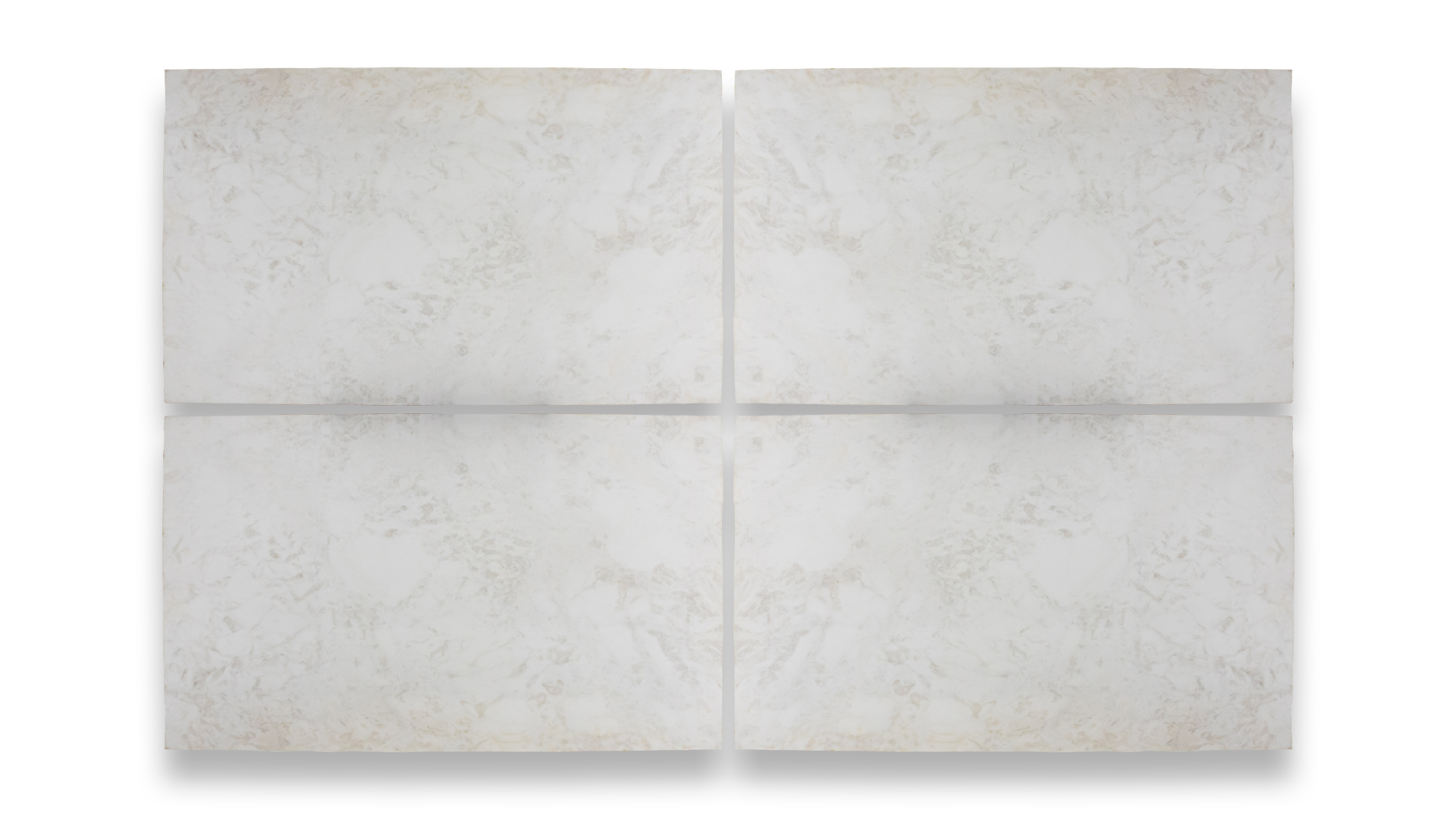 Four slabs of White Rhino Leathered Marble arranged in a quad pattern, featuring a soft, white surface with subtle beige and grey veining.