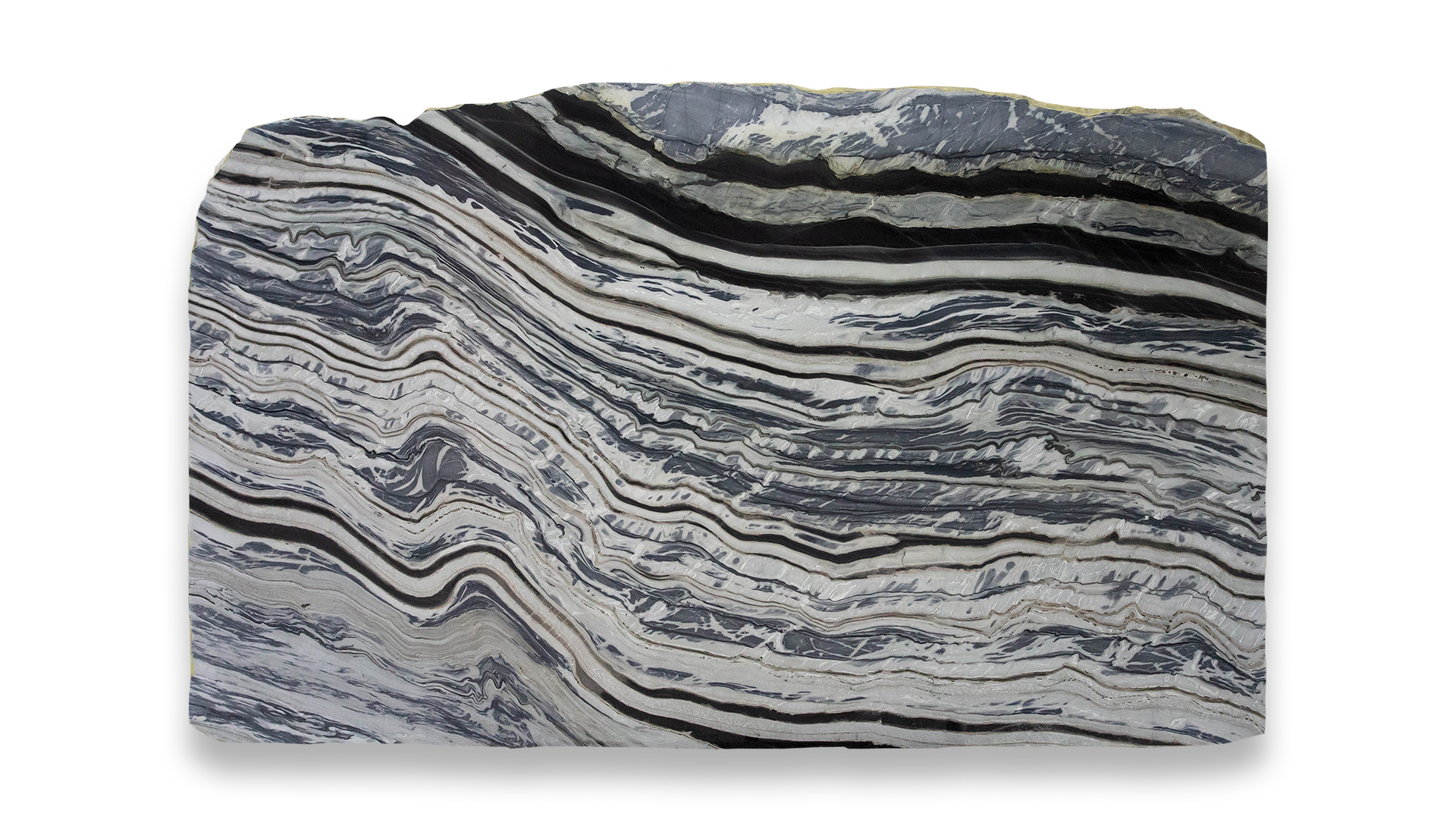 This image shows a Silver Stream Polished marble slab with intricate wavy patterns in shades of black, gray, and white, creating a striking visual effect.