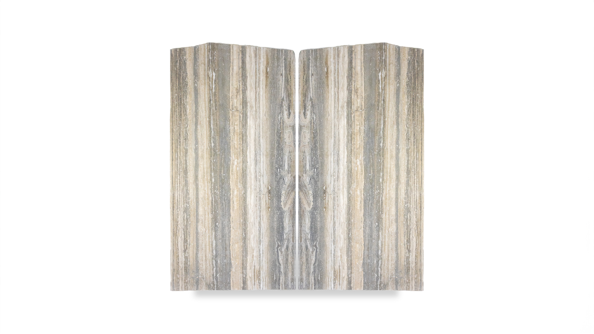 A set of two rectangular slabs of silver travertine with vertical layered patterns in shades of gray and beige, displayed on a white background.