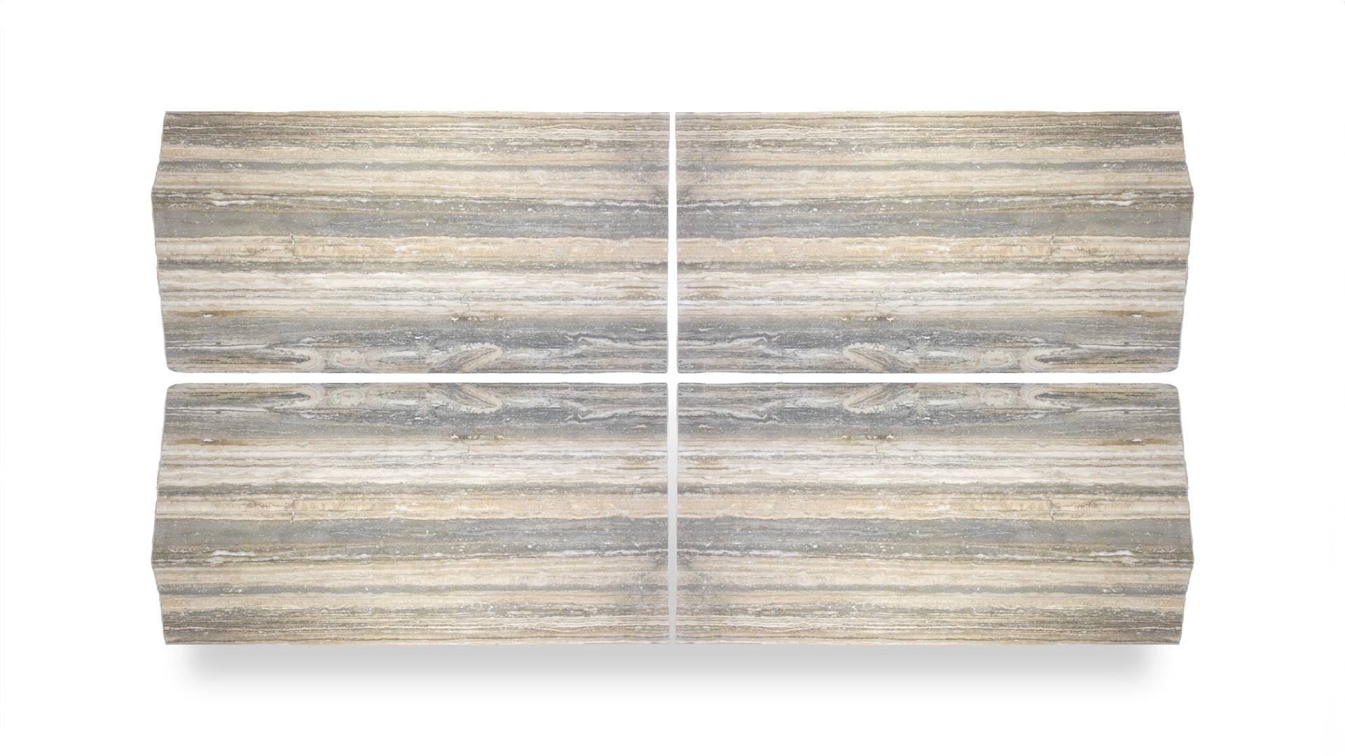 A set of four rectangular slabs of silver travertine with horizontal layered patterns in shades of gray and beige, displayed on a white background.