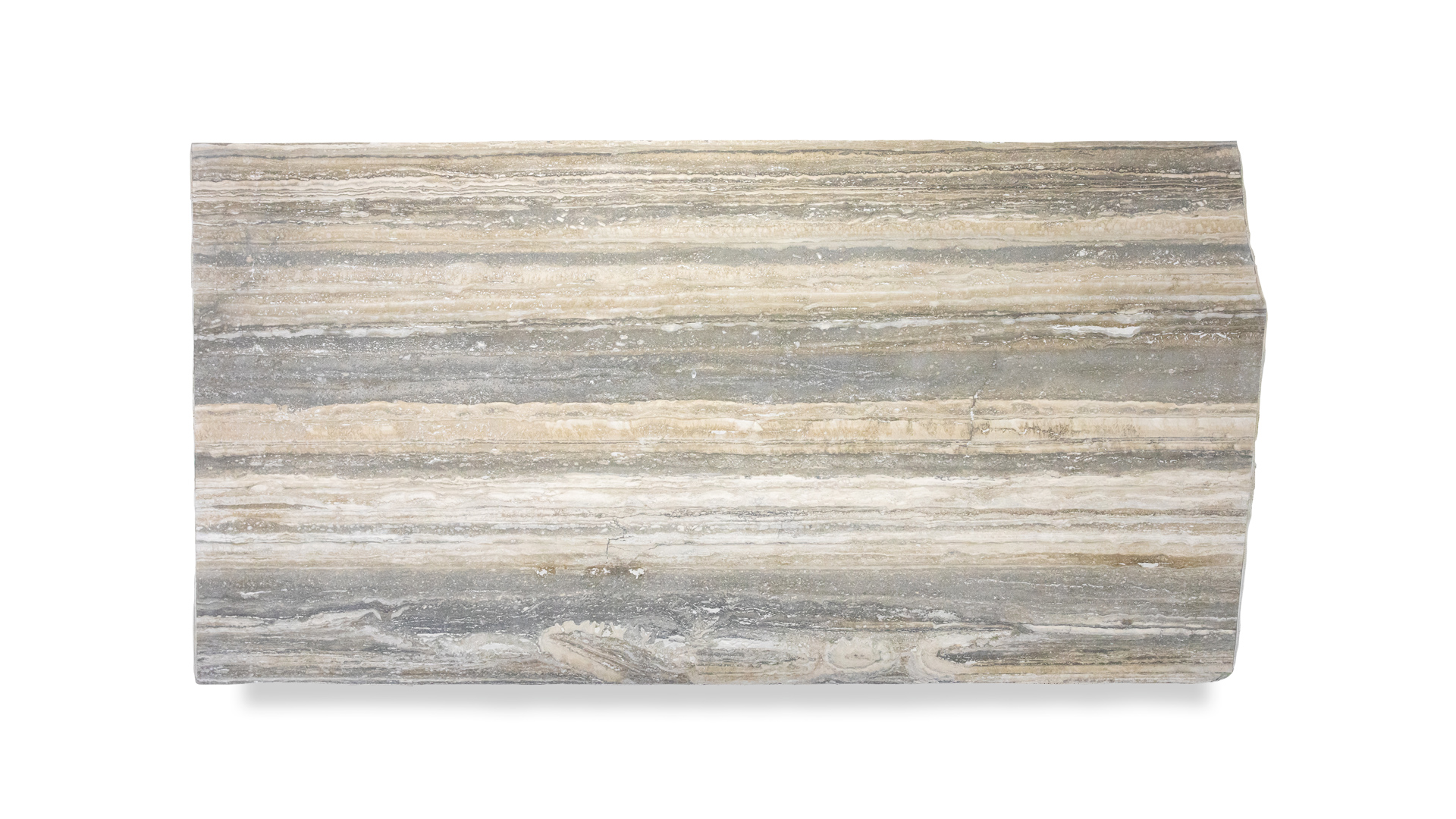 A single rectangular slab of silver travertine with horizontal layered patterns in shades of gray and beige, displayed on a white background.