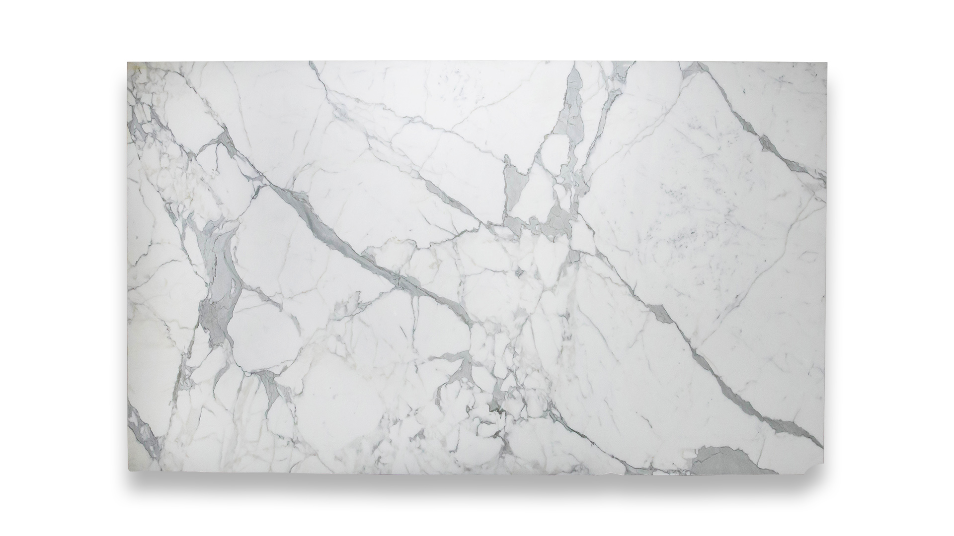 This image shows a Statuario Extra Jumbo Polished marble slab with a white background and prominent gray veining in a web-like pattern.