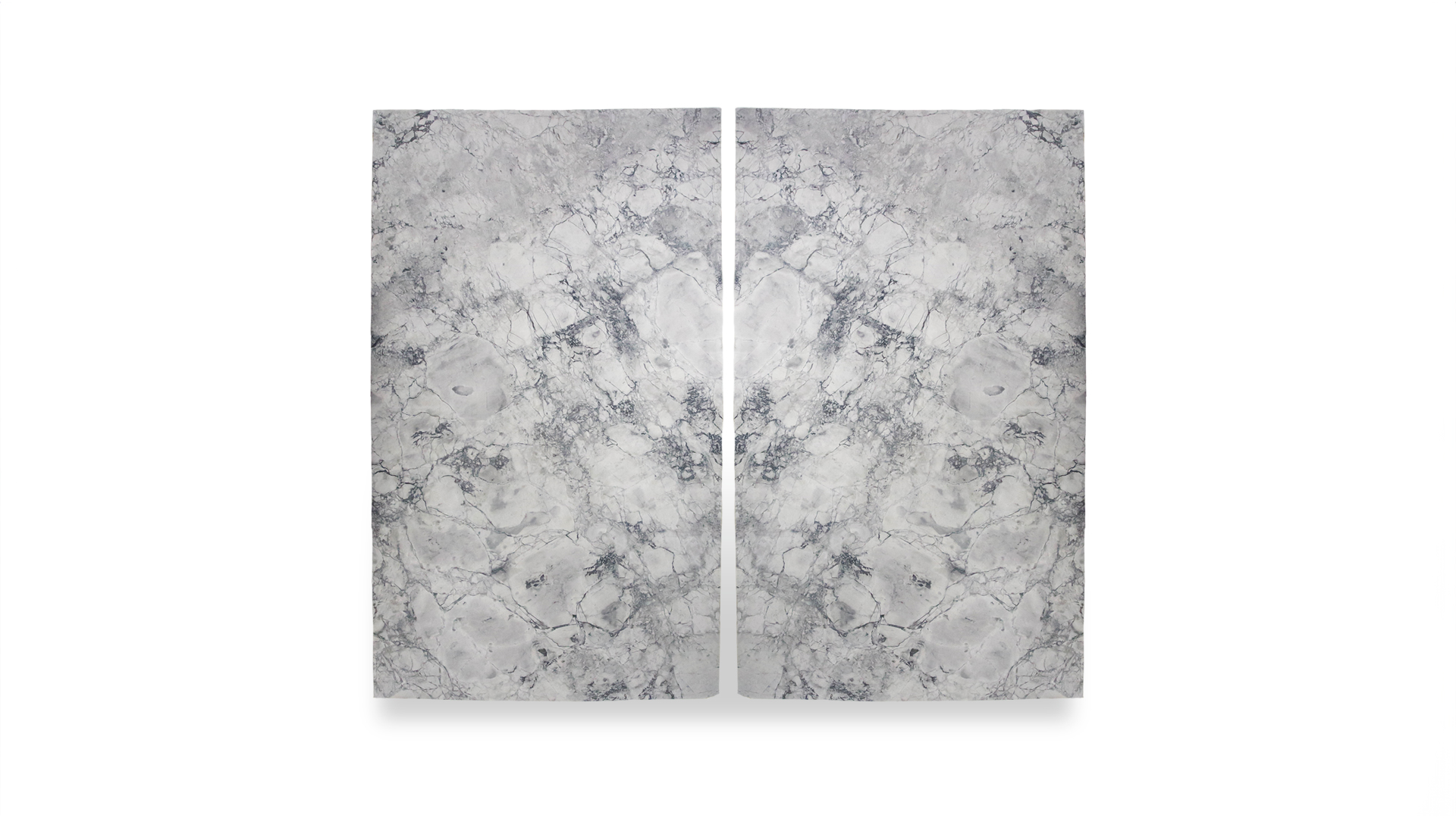 Two rectangular slabs of gray and white marble with detailed veining patterns arranged symmetrically side by side on a white background.