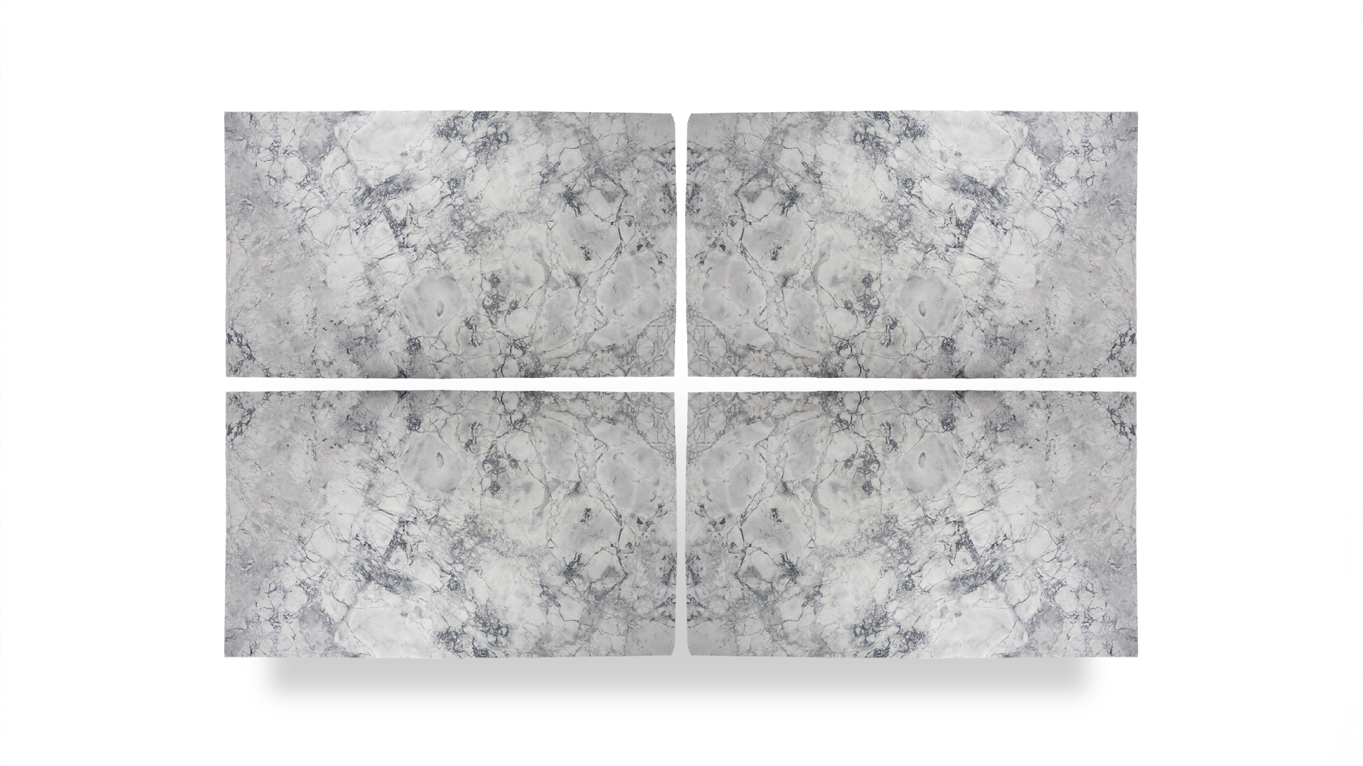 Four rectangular slabs of gray and white marble with intricate veining patterns arranged in a symmetrical quad layout on a white background.