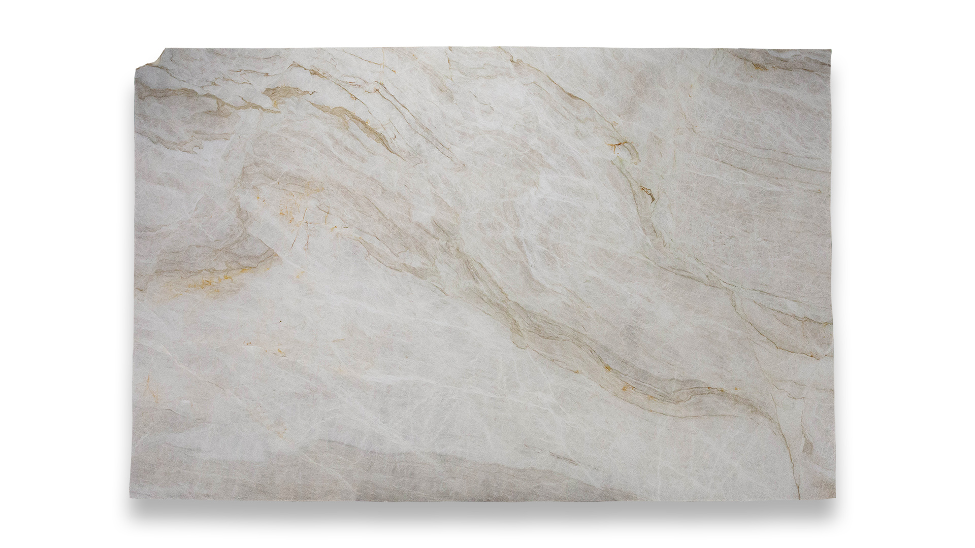 This image shows a Taj Mahal polished quartzite slab featuring a light beige background with flowing, wavy veining in shades of gold and brown.