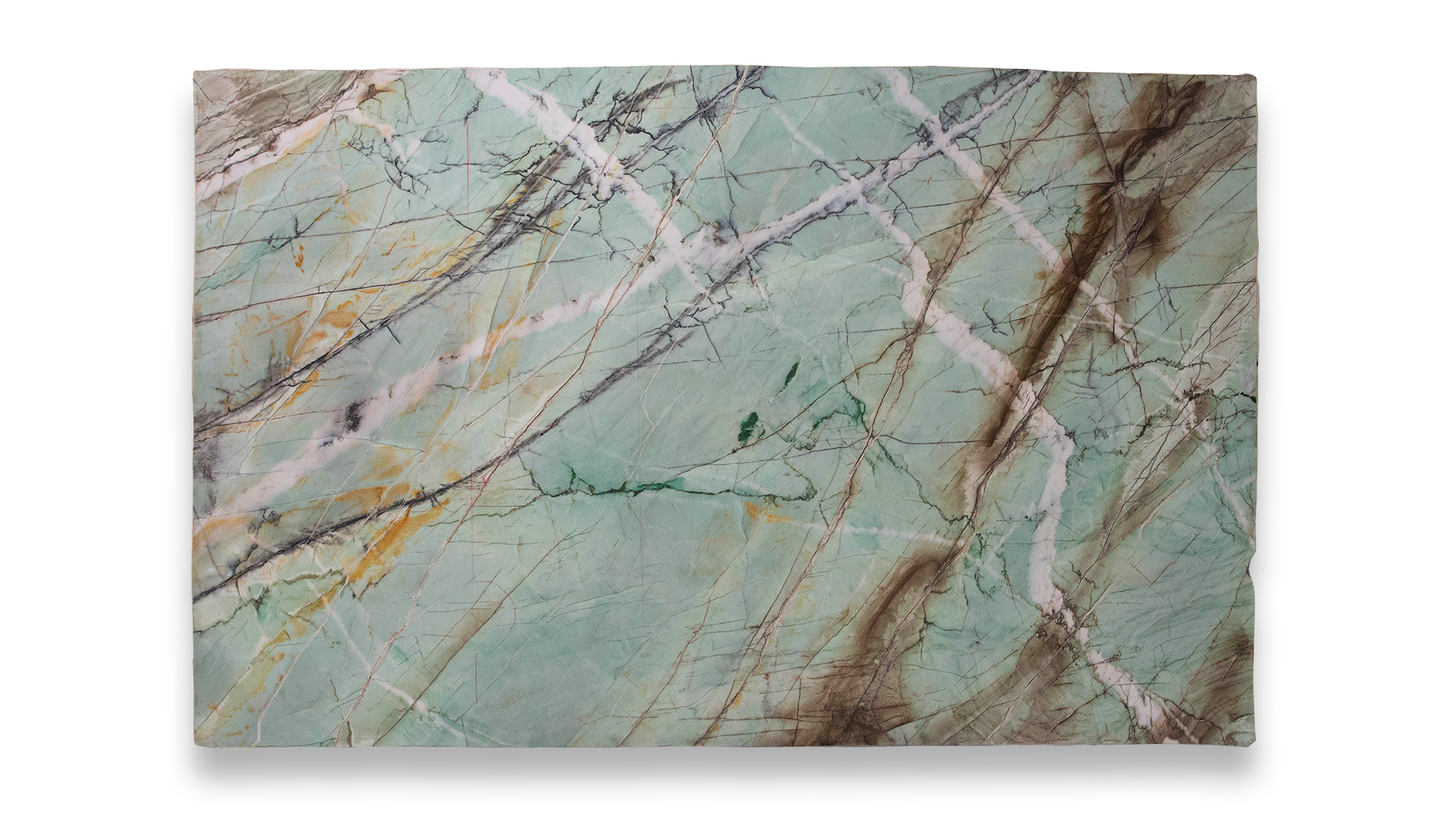 This image shows a Tiffany Green quartzite slab featuring a light green background with intricate, multicolored veining in shades of brown, gold, and white.