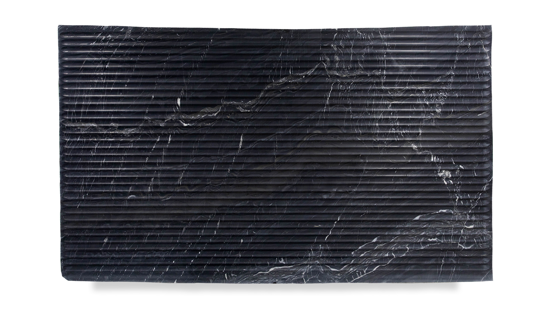 The image shows a rectangular black marble surface with a wavy, ribbed texture, accented by white veining patterns throughout.