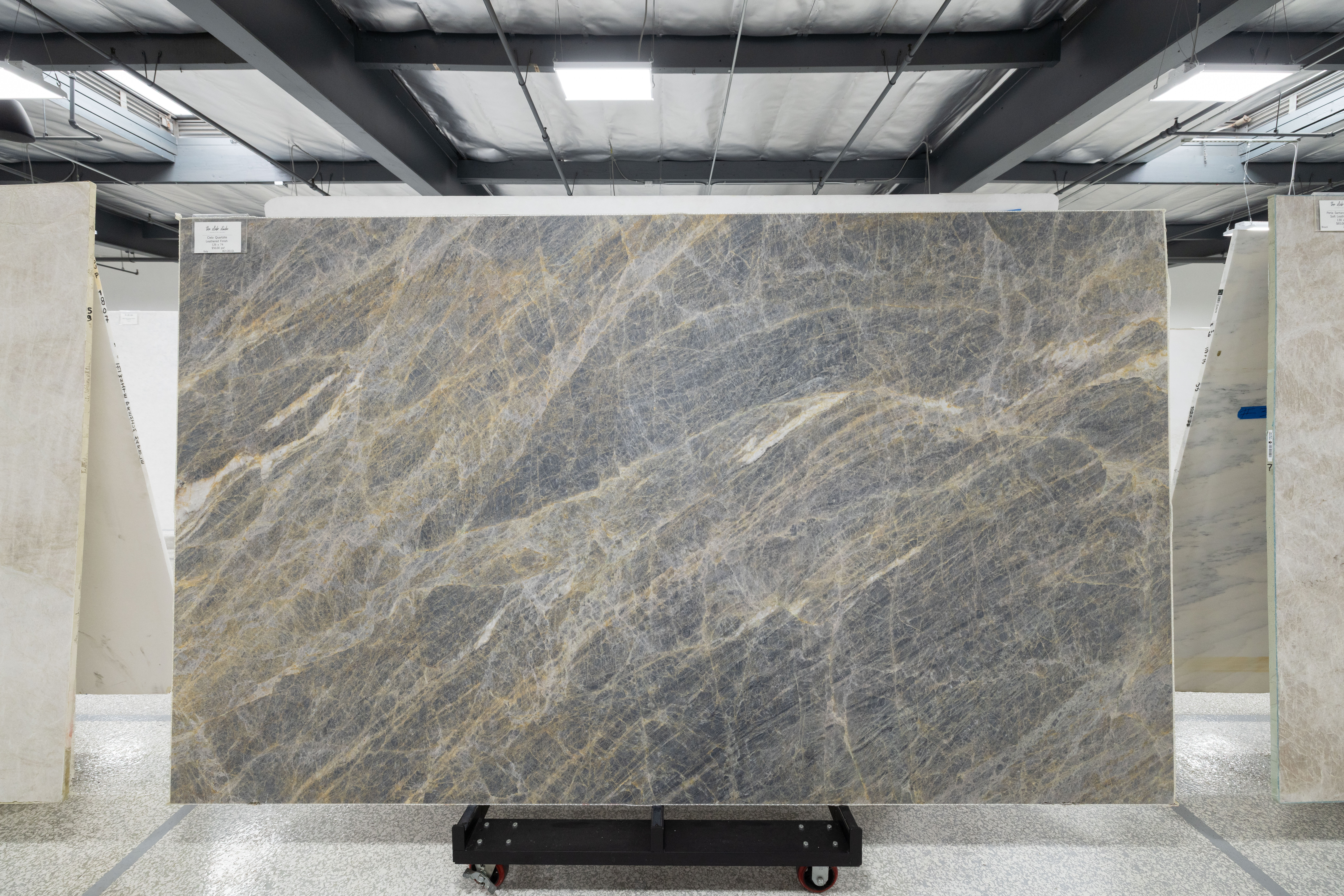 Large quartzite slab displayed at The Slab Studio for outdoor kitchen and outdoor living projects in Southern California.