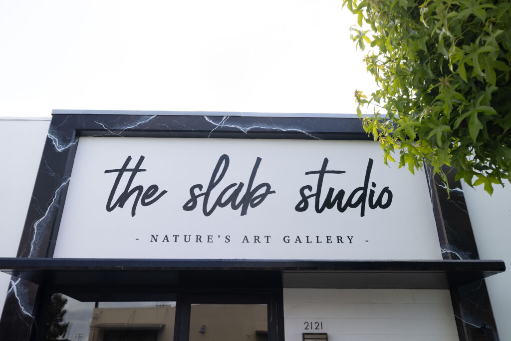 Exterior entrance of The Slab Studio natural stone showroom in Santa Ana California