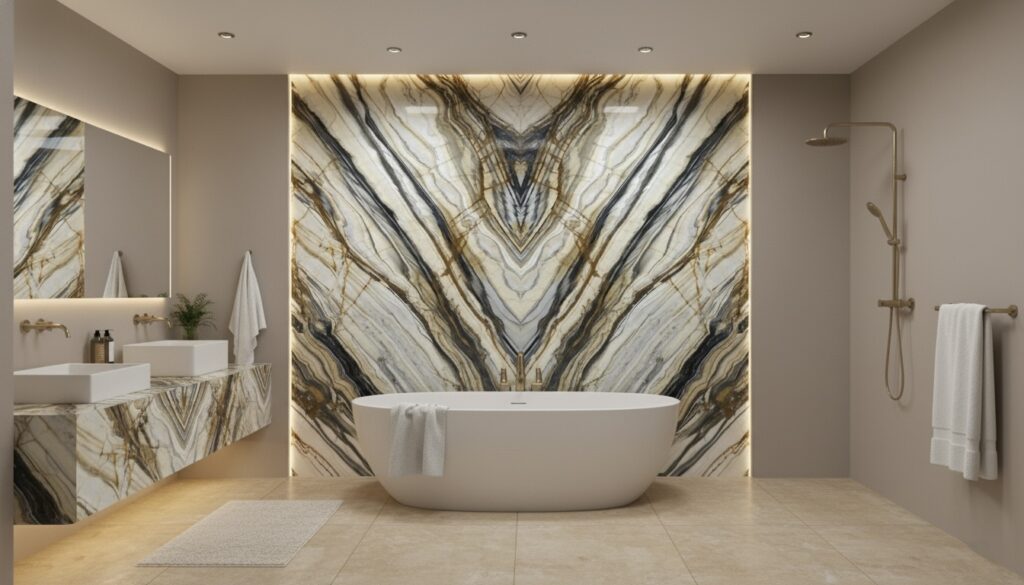 Luxury bathroom featuring a book-matched marble feature wall showcasing symmetrical natural stone veining by The Slab Studio in Southern California.