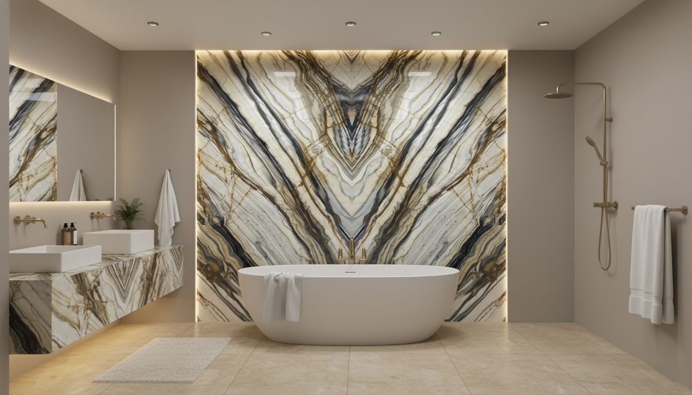 Luxury bathroom featuring a book-matched marble feature wall showcasing symmetrical natural stone veining by The Slab Studio in Southern California.