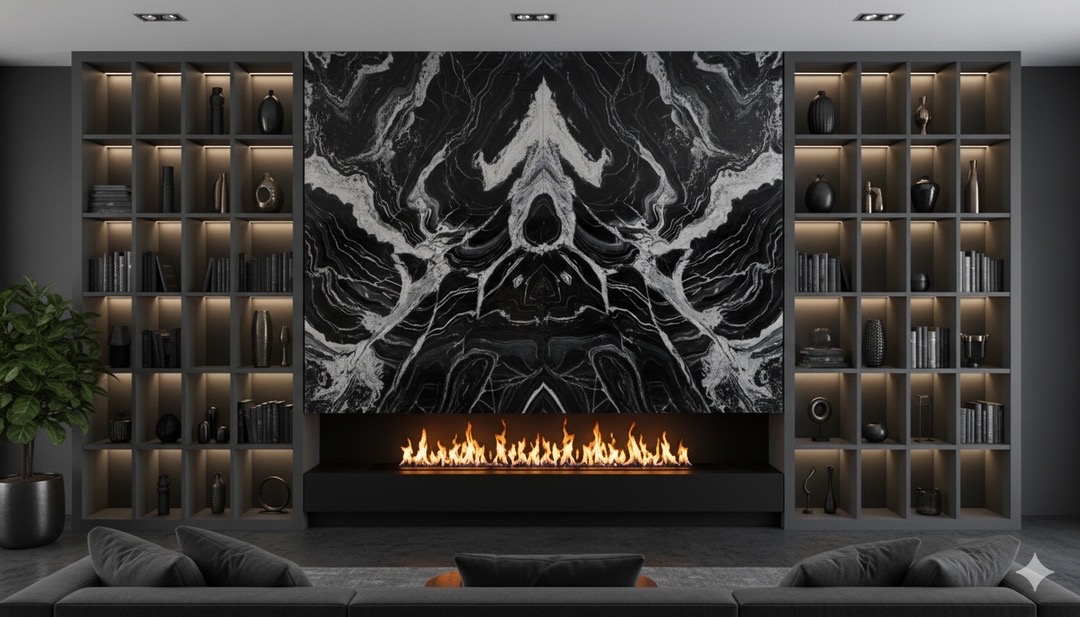 Book-Matched Marble Fireplace Surround | The Slab Studio Luxury fireplace featuring a book-matched marble surround with symmetrical natural stone veining.