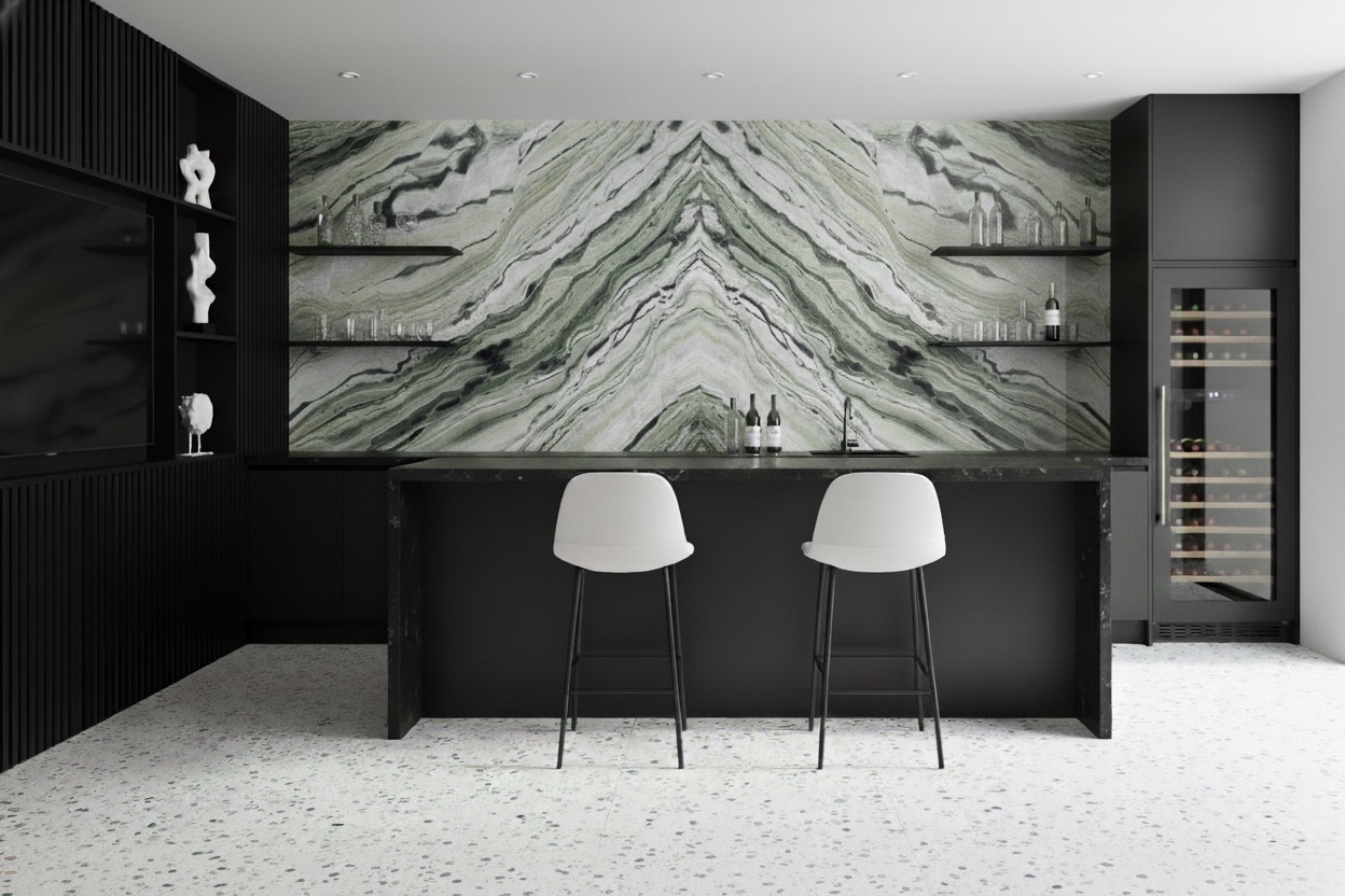 Book-Matched Marble Kitchen Feature Wall | The Slab Studio Modern kitchen featuring a book-matched marble feature wall with mirrored natural stone veining behind a black island.