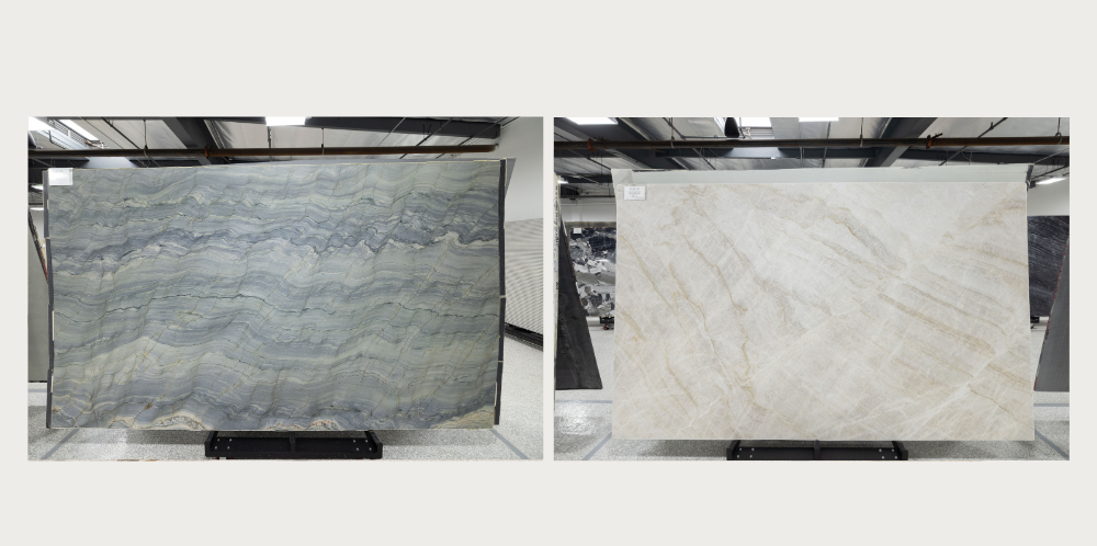 Side-by-side comparison of calligraphic marble veining and dramatic quartzite veining displayed at The Slab Studio in Santa Ana, California.