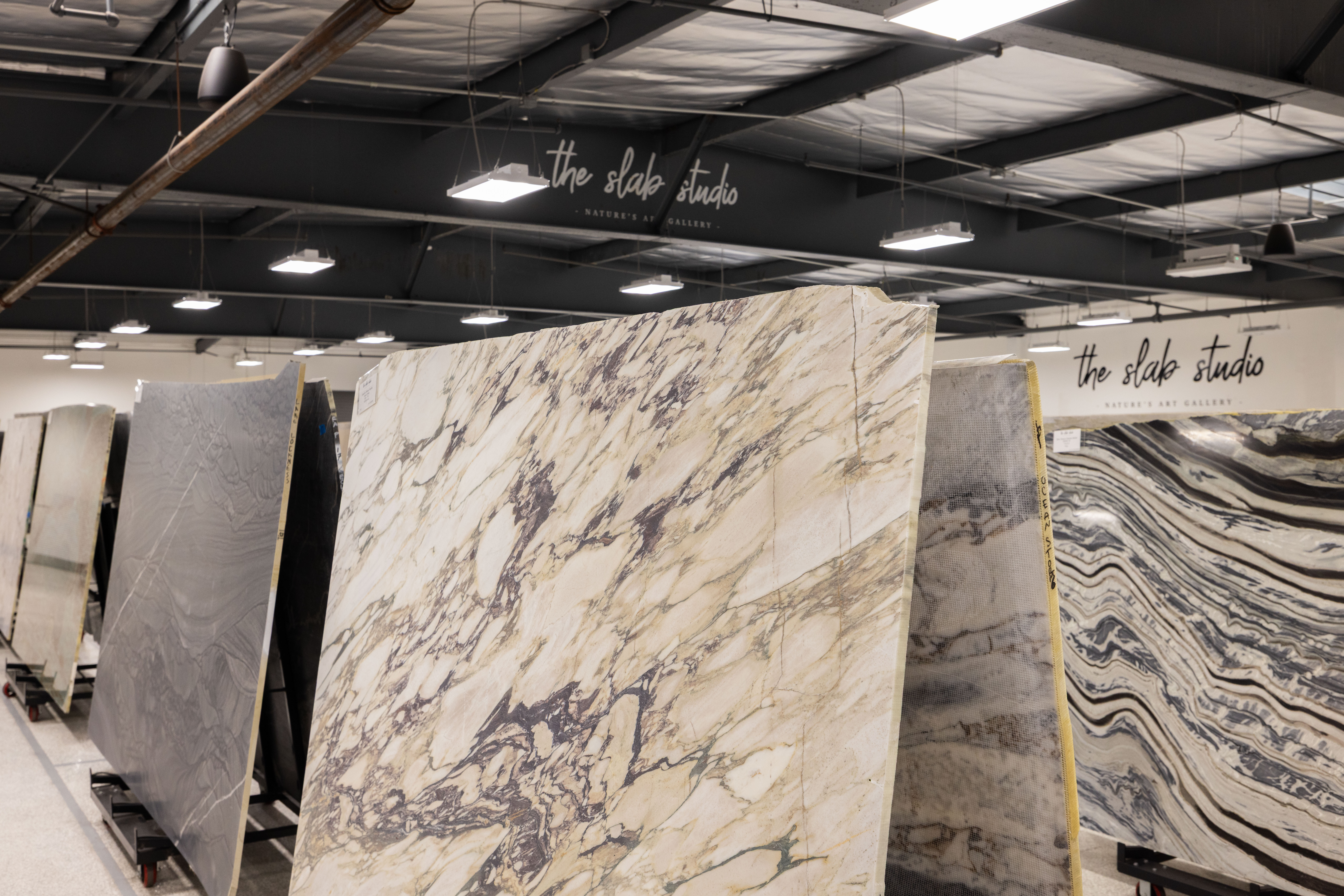 Natural stone slab selection at The Slab Studio in Santa Ana