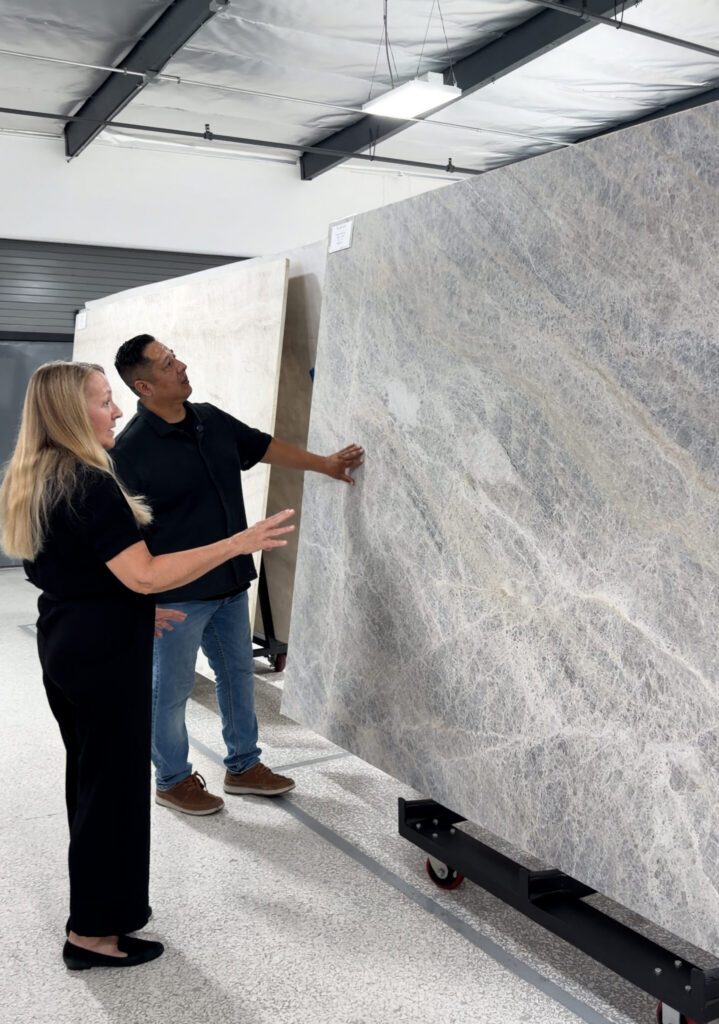 Jill Kummer and Abraham De Rosas Reviewing Patagonia Quartzite | The Slab Studio NCD Artisan Stone fabrication shop stone material range Orange County