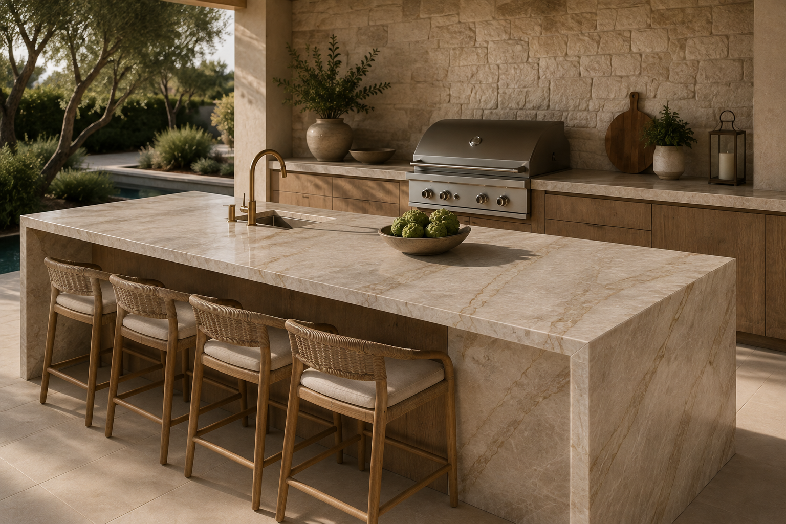Taj Mahal Quartzite Outdoor Kitchen | NCD Artisan Stone Luxury outdoor kitchen featuring Taj Mahal Quartzite countertops fabricated by NCD Artisan Stone for a custom Southern California home.