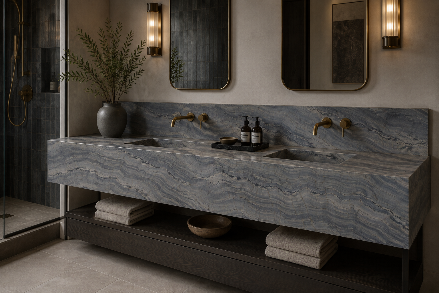Luxury bathroom featuring a blue quartzite double vanity with integrated sinks, full-height natural stone backsplash, and brass fixtures in an Orange County custom home.