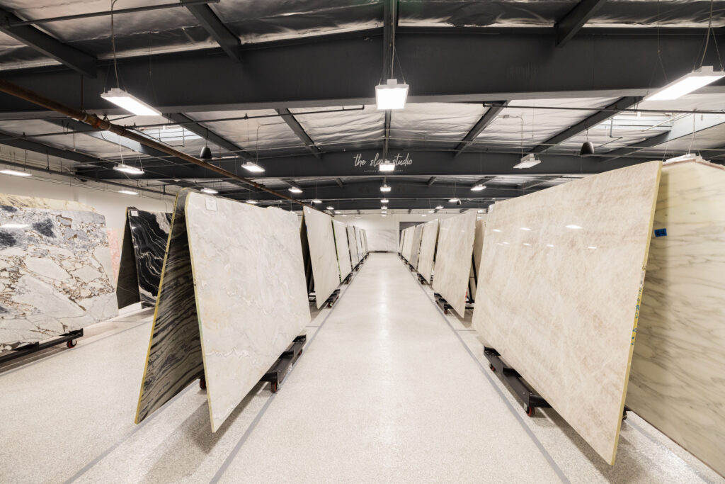 Natural stone slab inventory at The Slab Studio in Santa Ana